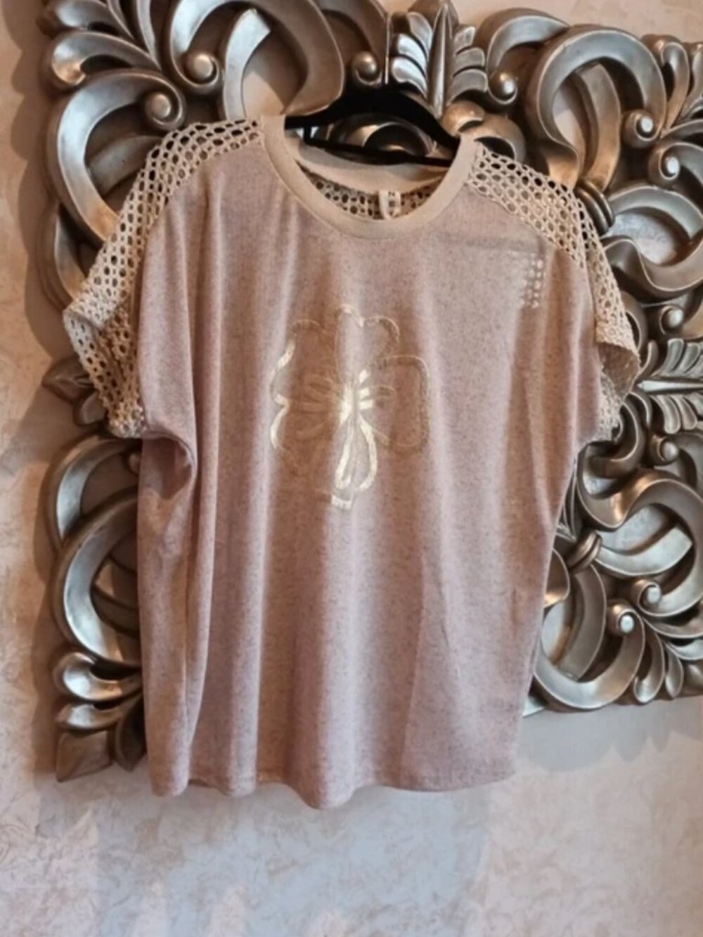 Beige Floral Crochet Sleeve Top